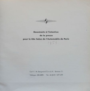 Borgward Modelprogram 1959 "Salon de l'Automobile Paris" Presskit with pressphotos (9259)